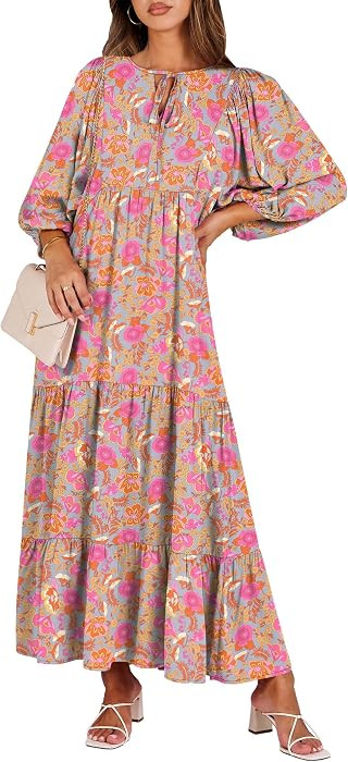 ANRABESS Womens Boho Floral 3/4 Puff Sleeve Maxi Dress | Amazon (US)