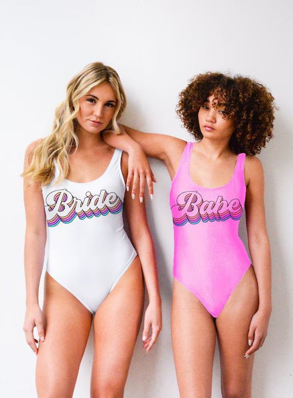 Bachelorette Party Swimsuits, Retro Font Pastel Bride and Babe Bathing Suit, Bride Swimsuit, Brid... | Etsy (US)