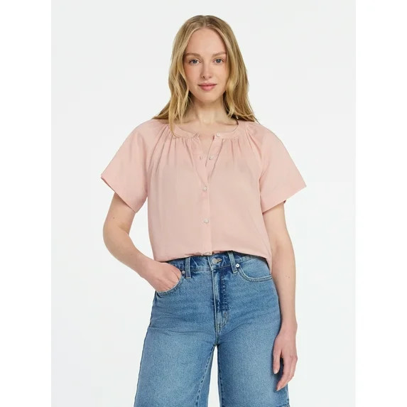 Time and Tru Women's Cotton Button Up Blouse with Short Sleeves, Sizes XS-XXXL | Walmart (US)