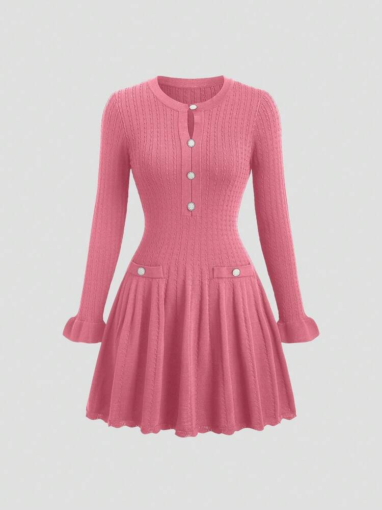 GlowEve Early Autumn French Elegant Style Navy Blue Hollow Out Vintage Ruffle Hem Graceful Long Sleeve Short Knit Dress | SHEIN