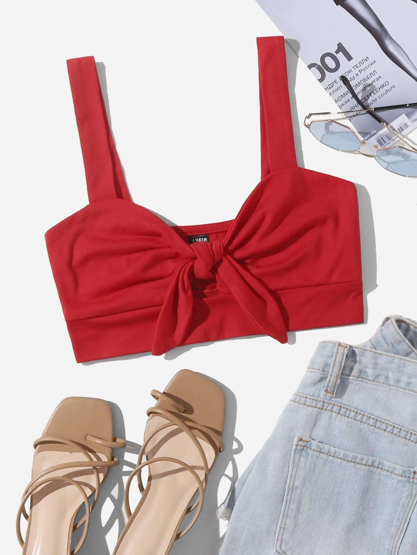 SHEIN Knot Front Solid Crop Cami Top | SHEIN