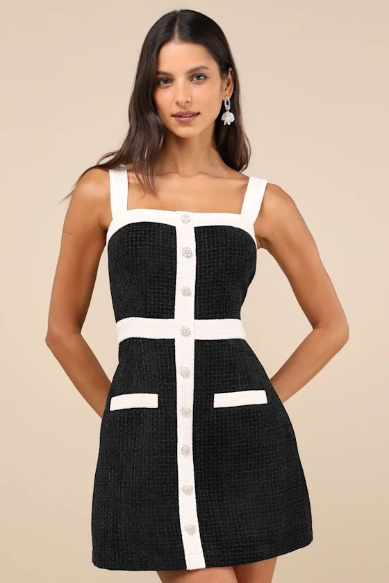 Divine Luxury Black and White Tweed Pearl Mini Dress | Lulus