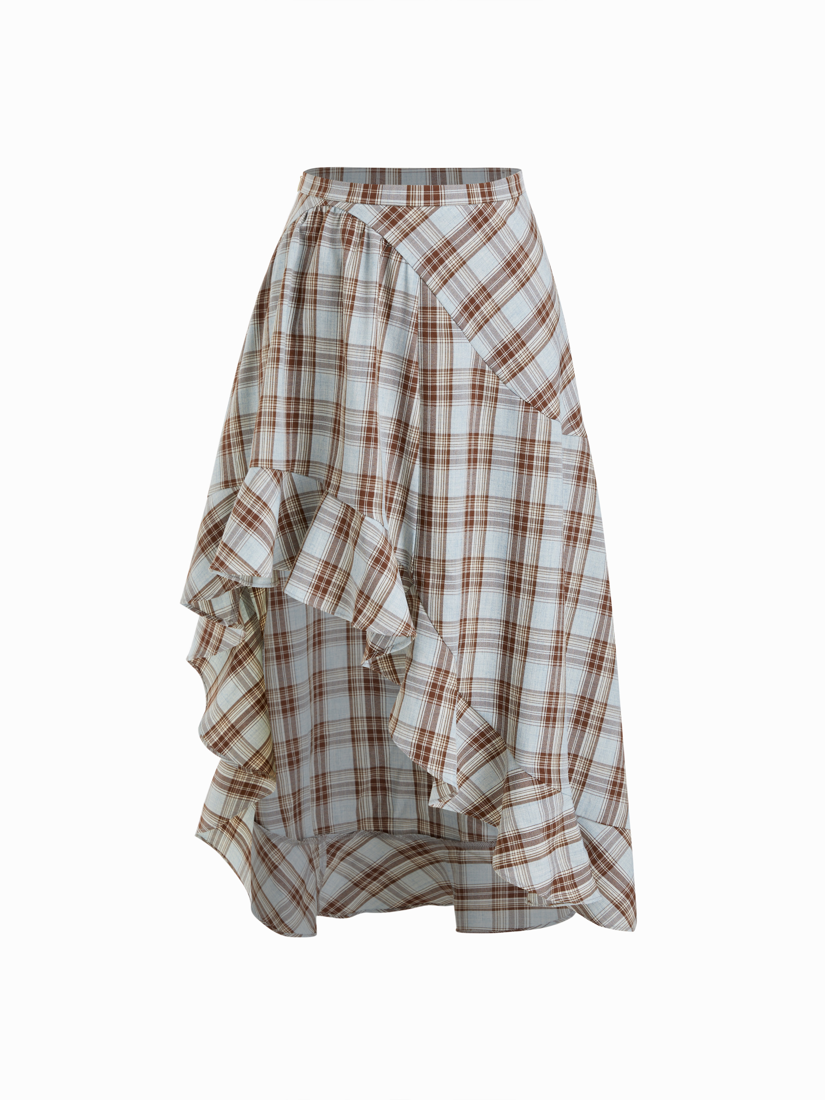 Woven Mid Rise Plaid Ruffle Hem Maxi Skirt For Daily Casual | Cider