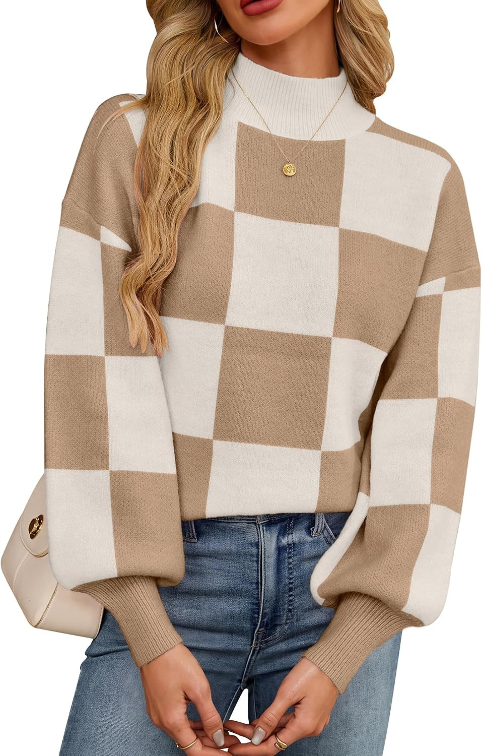 Womens Oversized Checkered Mock Neck Knit Cute Pullover Sweaters | Amazon (US)