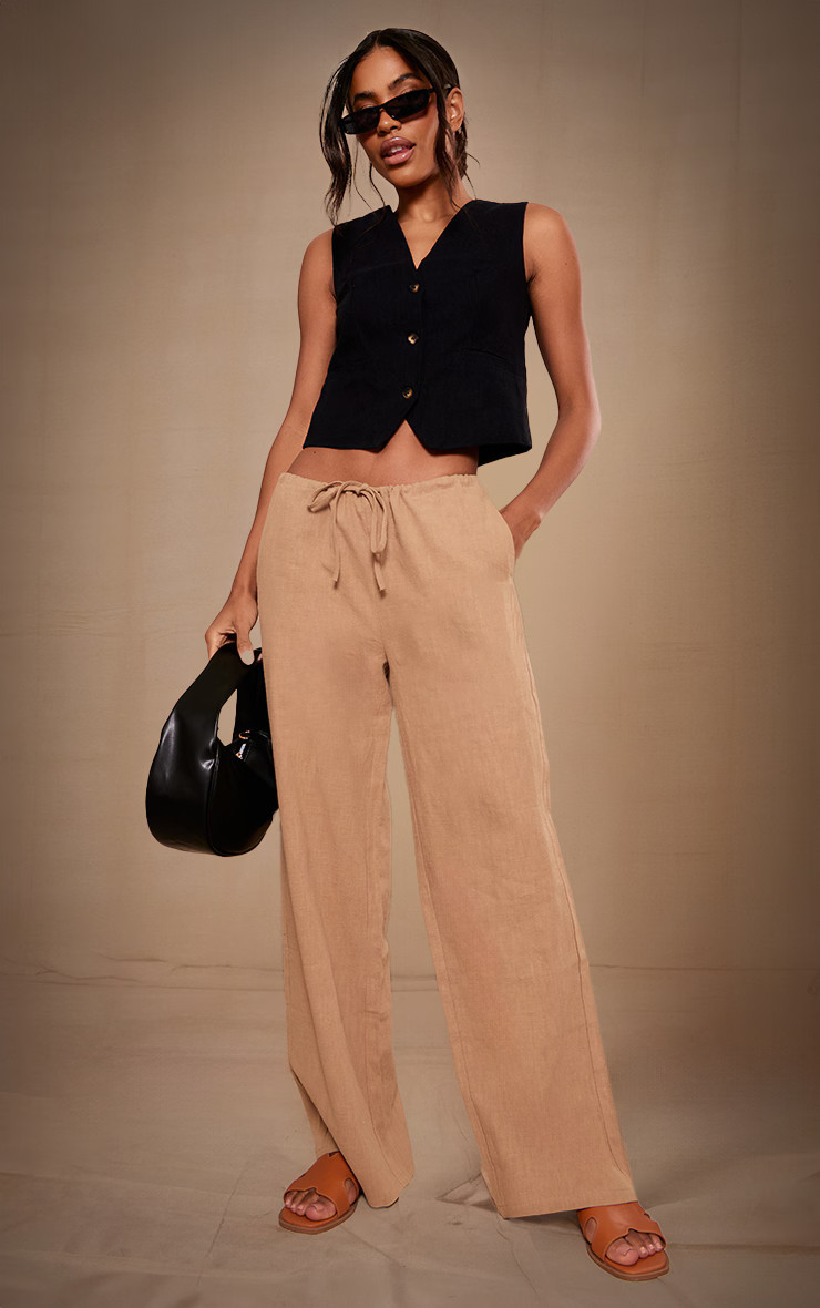 Premium Beige Linen Drawstring  Straight Leg Trousers | PrettyLittleThing UK