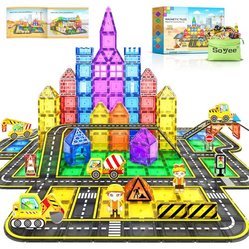 102 PCS Magnetic Tiles Construction Toys Magnet Building Toys for Boys and Girls Ages 3-5 5-7 8-10, STEM Sensory Toys Creative Play Includes Roads, Vehicles, Dolls, Traffic Signs and Construction Sign | Amazon (US)