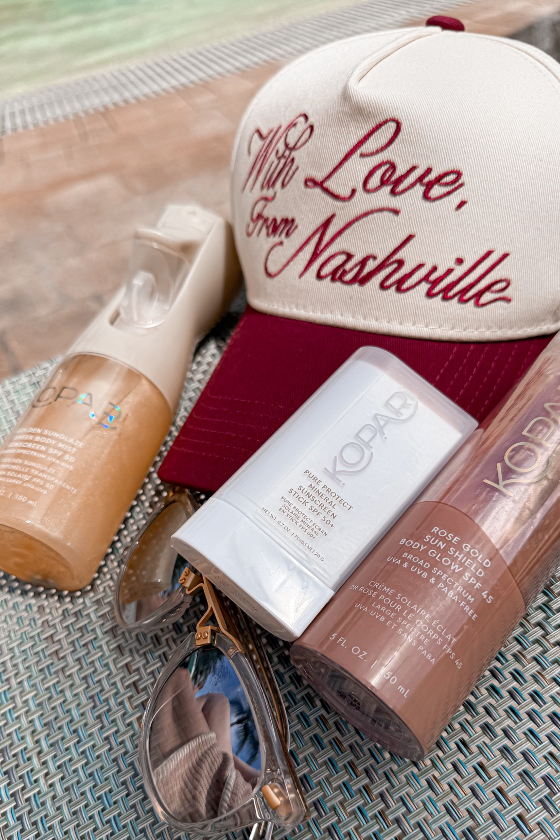 Pool day essentials, Kopari, Nashville, krewe, sunglasses, summer, pool day style, rustler hat co, sunscreen 