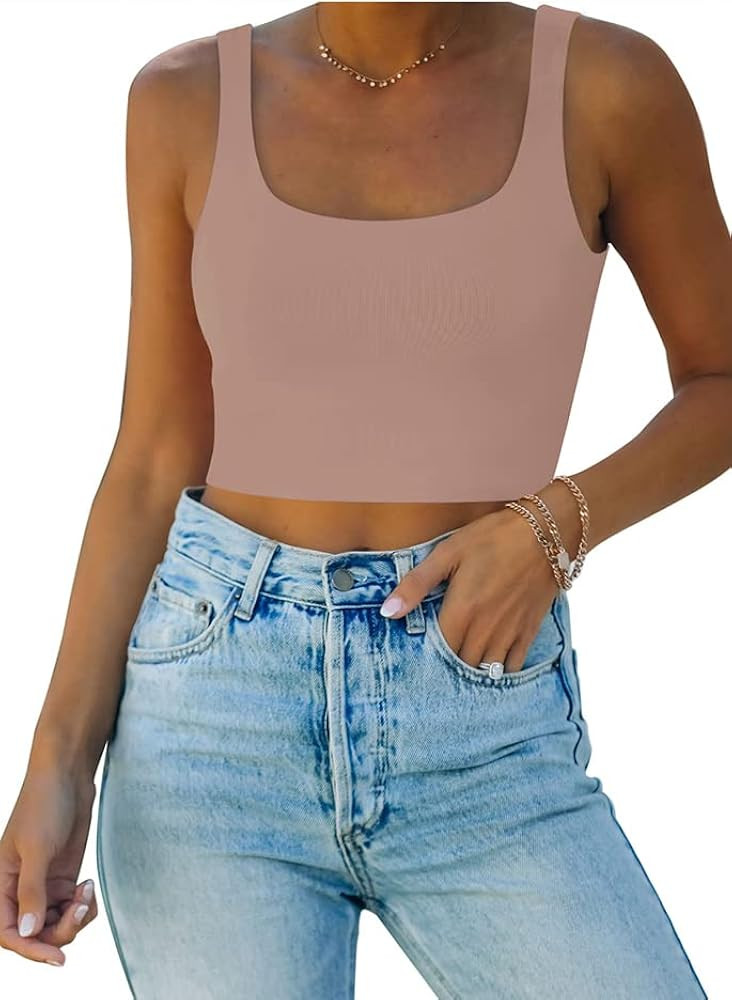 REORIA Women’s Sexy Square Neck Double Lined Seamless Sleeveless Cropped Tank Yoga Crop Tops | Amazon (US)