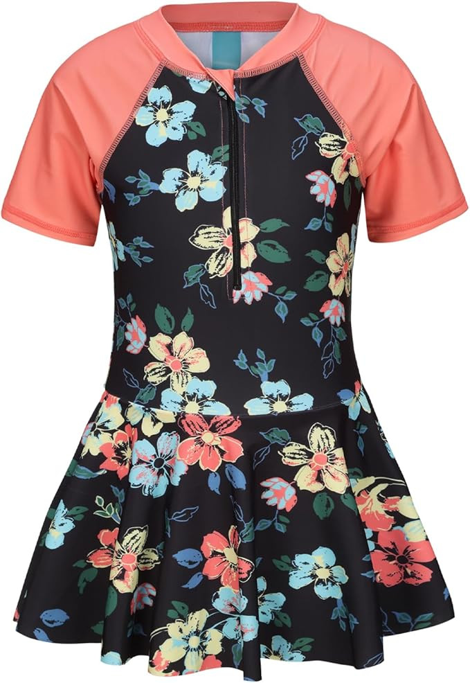 Girls One Piece Swimsuits Short Sleeve Swim Dress for Girls Hawaiian Skirted Bathing Suit Summer ... | Amazon (US)