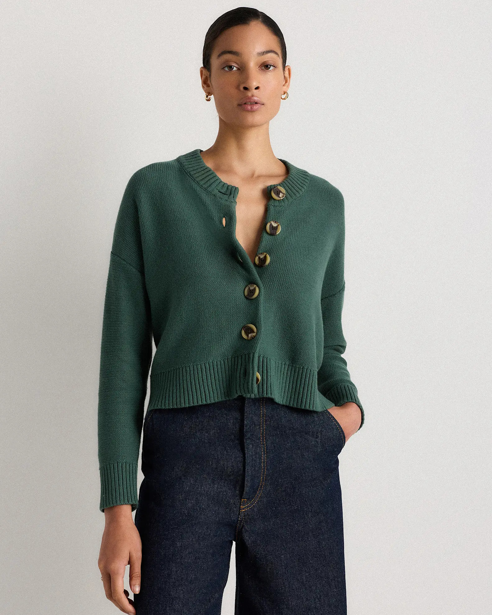 100% Organic Cotton Cropped Cardigan in Big Sur Green | Quince
