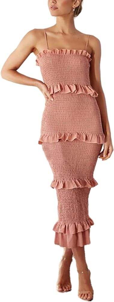 Ekaliy Women's Casual Ruched Bodycon Dress Spaghetti Strap Ruffle Layer Pleated Party Beach Long ... | Amazon (US)