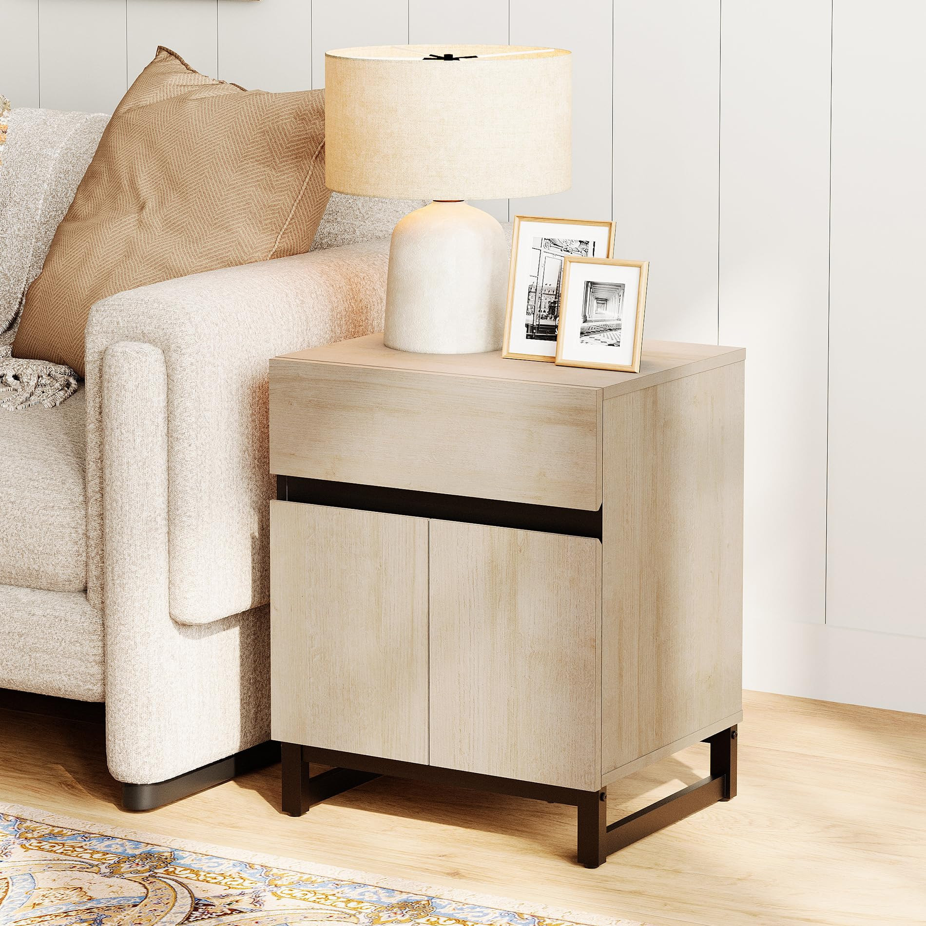 WAMPAT Modern End Table with 2 Open Door, Farmhouse Sofa Table with 1 Drawer and 1 Storage Cabine... | Amazon (US)