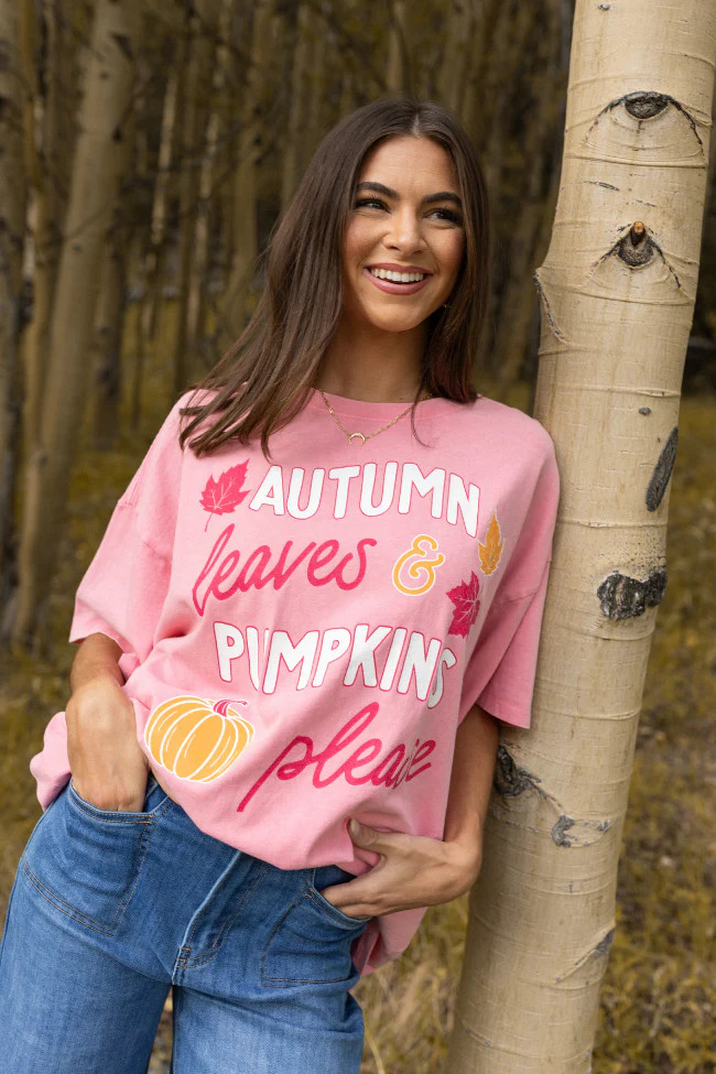 Autumn Leaves & Pumpkins Please Taffy Pink Oversized Graphic Tee | Pink Lily