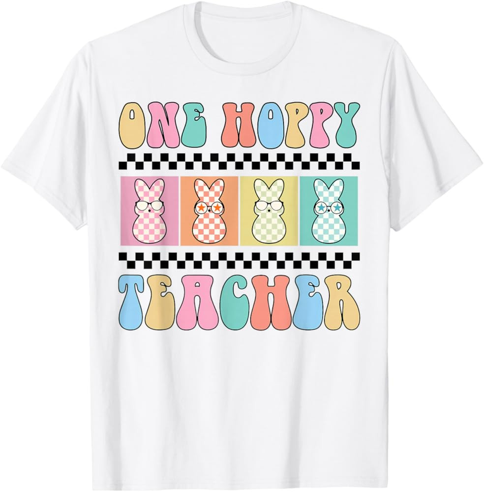 One Hoppy Teacher Bunny Easter Day Groovy Retro Boy Girl T-Shirt | Amazon (US)