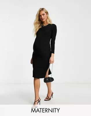 Flounce Maternity basic jersey midi dress with long sleeve in black | ASOS | ASOS (Global)