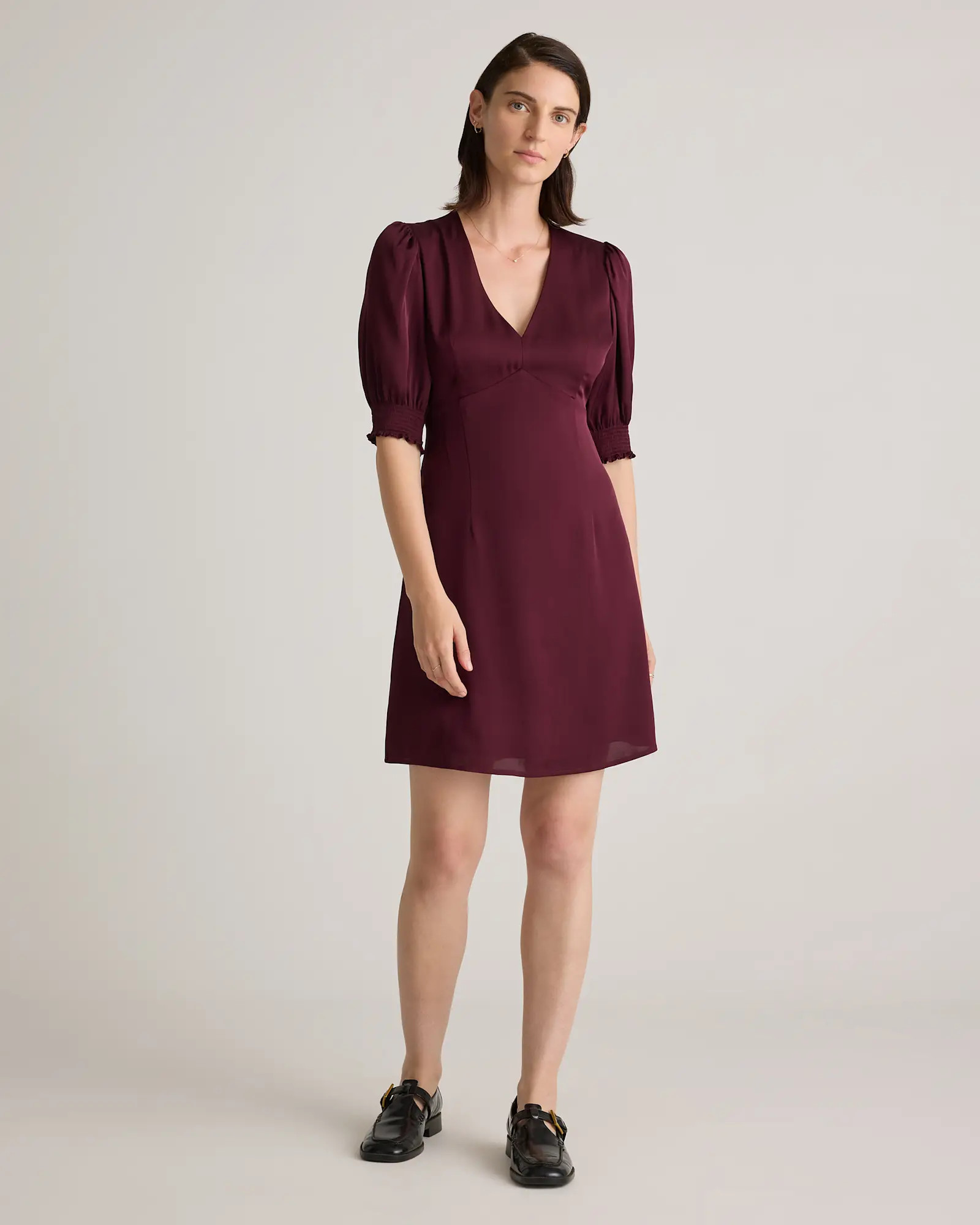 Washable Stretch Silk Puff Sleeve Mini Dress in Wine Tasting Red | Quince