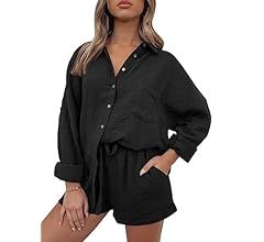 Trendy Queen 2 Piece Outfits Women Lounge Sets Fall Outfits Button Down Oversized Shirts And Shor... | Amazon (US)