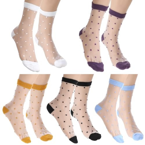 Yolev 5 Pairs Sheer Polka Dot Socks Ultra Thin Womens Sheer Sock Cute See Through Socks 5 Colors Ankle Sock for Women | Amazon (US)