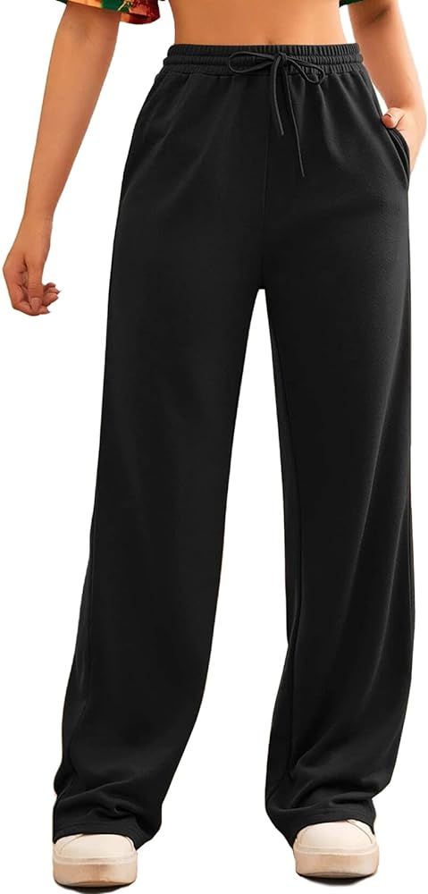 Wide Leg Sweatpants for Women Elastic High Waisted Drawstring Loose Pants with Pockets | Amazon (US)