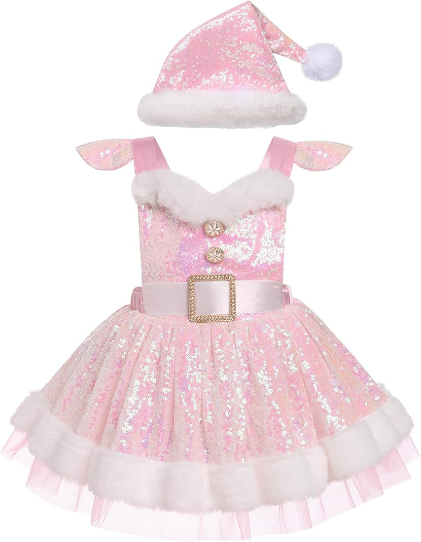 IMEKIS Toddler Girls Christmas Santa Costume Sequin Princess Dress Romper with Hat Halloween Cosp... | Amazon (US)