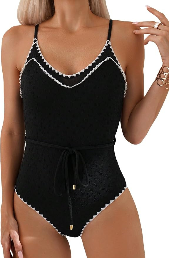 Floerns Women's One Piece Swimsuit Knot Front Colorblock Spaghetti Strap Backless Swimwear | Amazon (US)