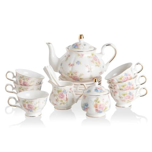 Sweejar Porcelain Tea Set Vintage Floral, British Relief Gold Rim Teapot Cup and Saucer Sets, 22-Piece Tea Sets for Adults, with Teapot, Sugar Bowl, Milk Jug, Spoons, Cup and Saucer (Small Flower) | Amazon (US)