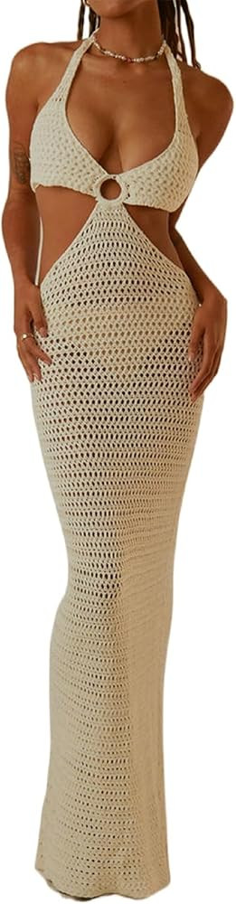 Women Halter Knit Bodycon Long Dress Sexy Hollow Out Sleeveless Backless Maxi Beach Evening Party... | Amazon (US)