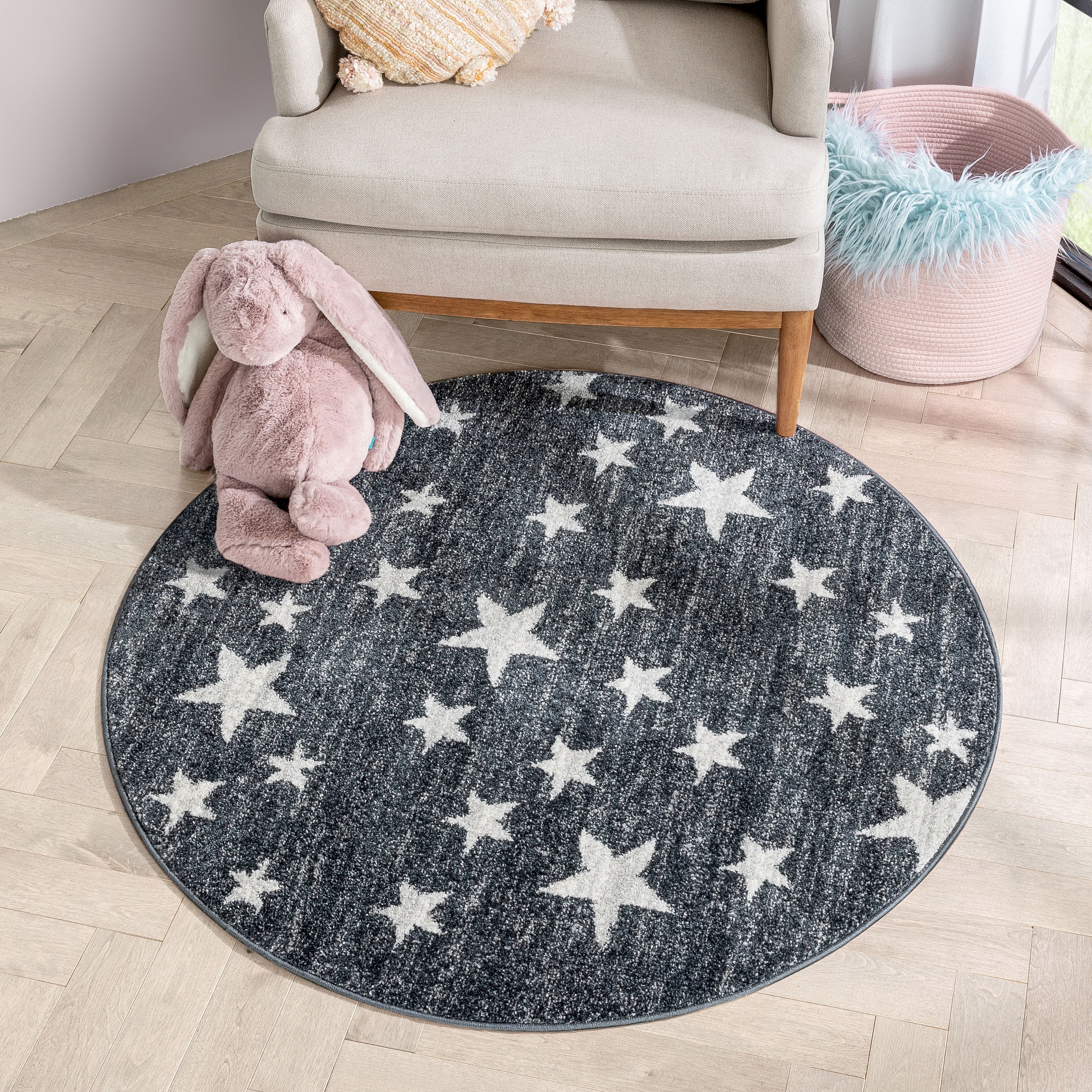 Well Woven Kennedy Stars Modern Abstract Grey 4' Round Kids Area Rug - Walmart.com | Walmart (US)