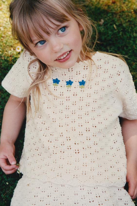 Zara - Embroidered Crochet Knit Top - Ecru - 6 Years (45,2 Inches) - Kids | Zara US
