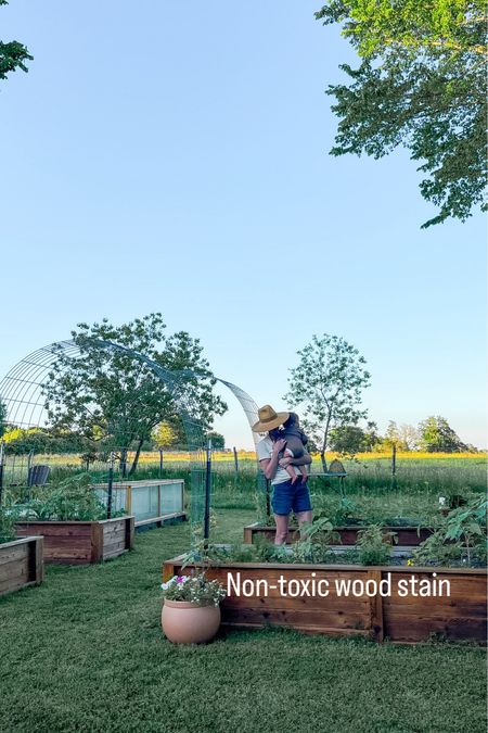 We just refinished our garden beds in this non-toxic wood stain and finish. It’s VOC free, dye free, solvent free and non toxic! 

I used the color walnut and golden oak mixed. 2 parts walnut and one part golden oak. 

I used this paint brush to apply them these lint free towels to wipe and spread the product  