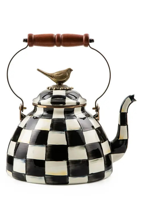 MACKENZIE CHILDS Courtly Check Enameled Steel 3-Quart Tea Kettle with Bird in Black/White at Nordstrom | Nordstrom