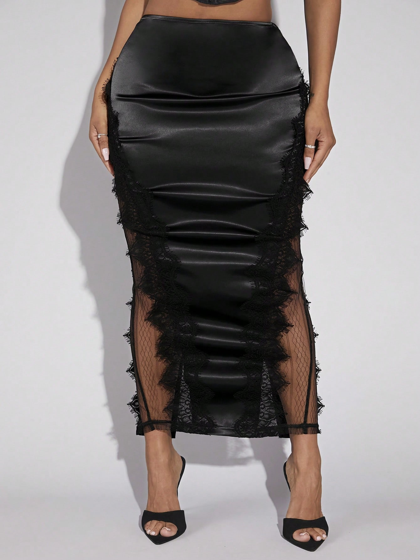 SHEIN SXY Contrast Lace Split Thigh Satin Skirt | SHEIN