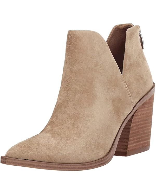 FISACE Womens Pointed Toe Stacked Mid Heel Ankle Boots V Cut Back Zipper Faux Leather Booties | Amazon (US)