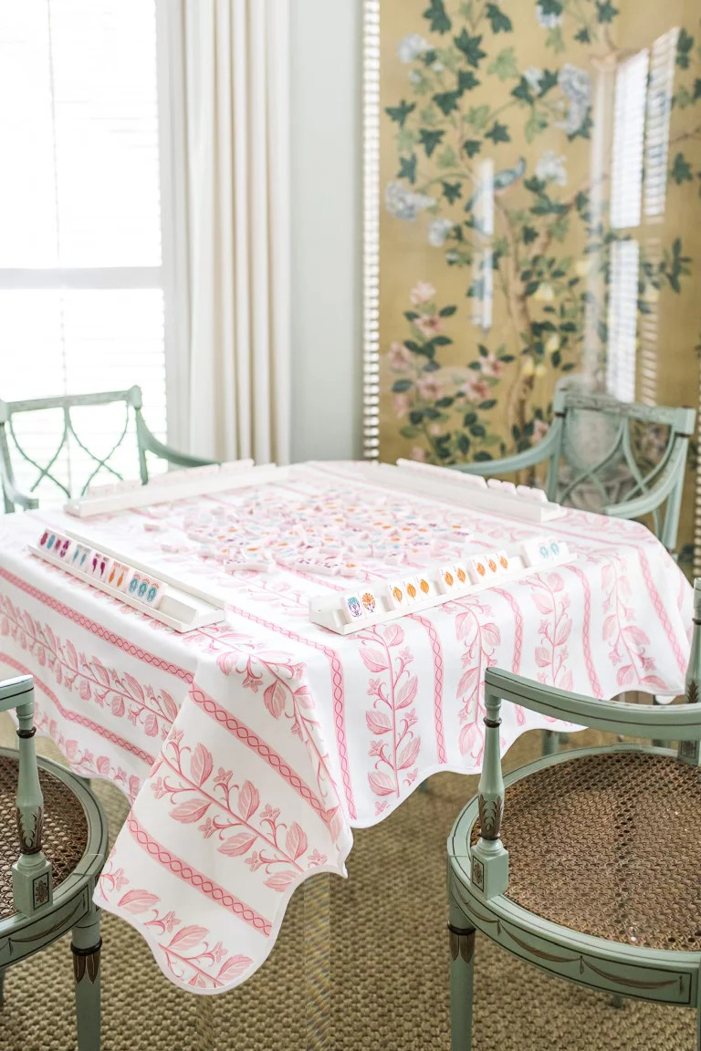 Scalloped Square Game Table Topper | Pink Botanical Stripe | Frances Fields Home