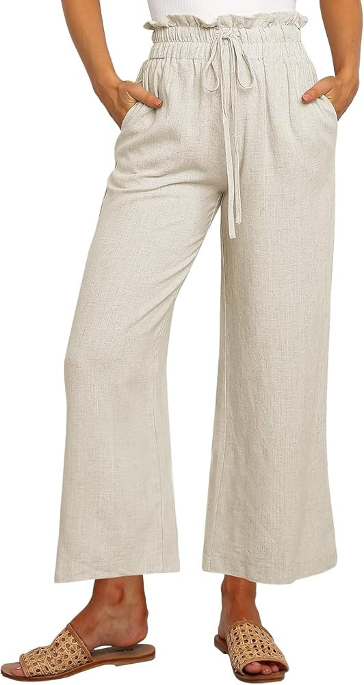 LILLUSORY Women's Linen Pants Casual High Waisted Wide Leg Paperbag Pants with Pockets | Amazon (US)
