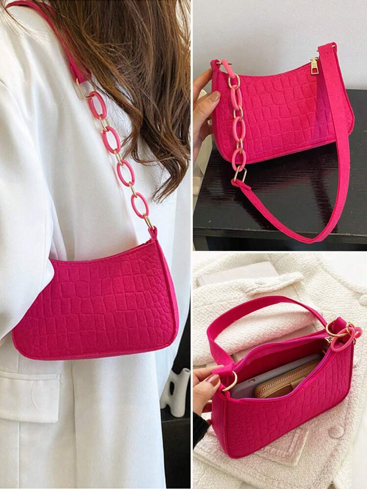 Mini Neon Pink Crocodile Embossed Chain Decor Hobo Bag Shoulder Bag For Women Crossbody Bag For W... | SHEIN