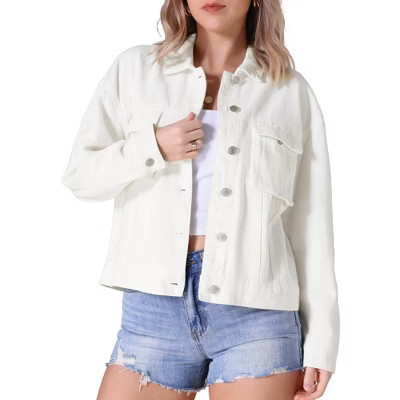 INSPIRE CHIC Women's Button Down Long Sleeve Oversized Denim Jacket White Small | Target