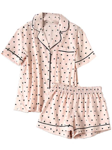 'Stephanie' Heart Print Button Down Silky PJ Set | Goodnight Macaroon