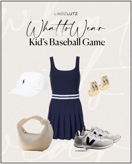 What To Wear: Kid’s Baseball Game | navy tennis dress, white polo ball cap, woven cream shoulder bag, veja sneakers, gold earrings

#LTKActive