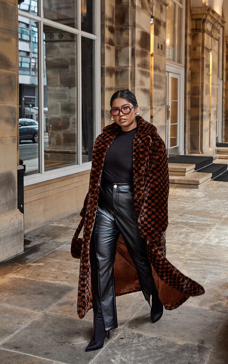 Plus Brown Check Print Faux Fur Midi Coat | PrettyLittleThing US