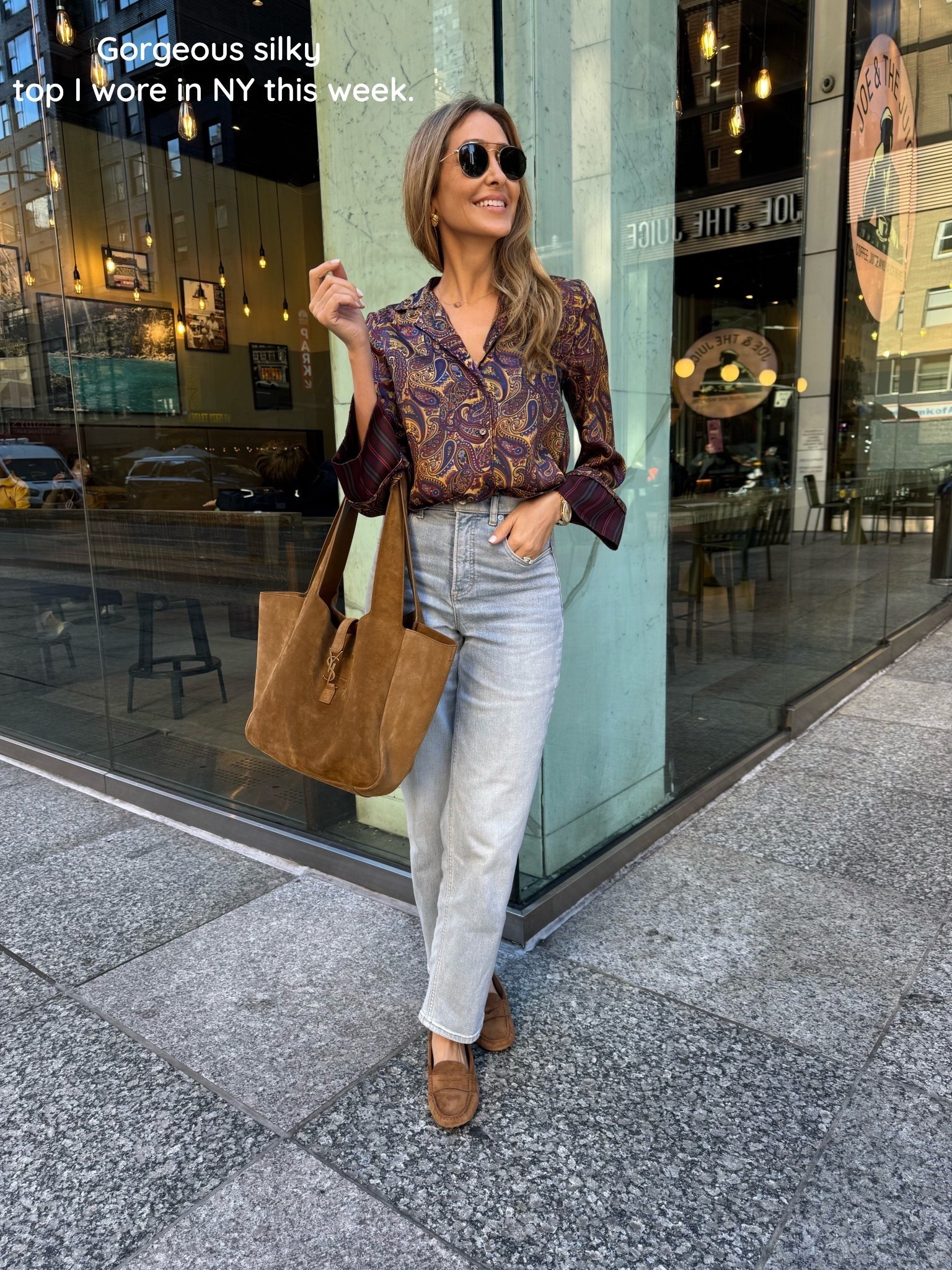 Gorgeous silky top I wore in NY this week . Oversized fit, I am wearing a size XS 
Normally I wear a size small
Ultra comfortable and flattering denim from Spanx . Wearing small , runs tts 
For spanx use code ALINEXSPANX for 15% off first time purchase only 

#LTKU #LTKootd #LTKSeasonal
