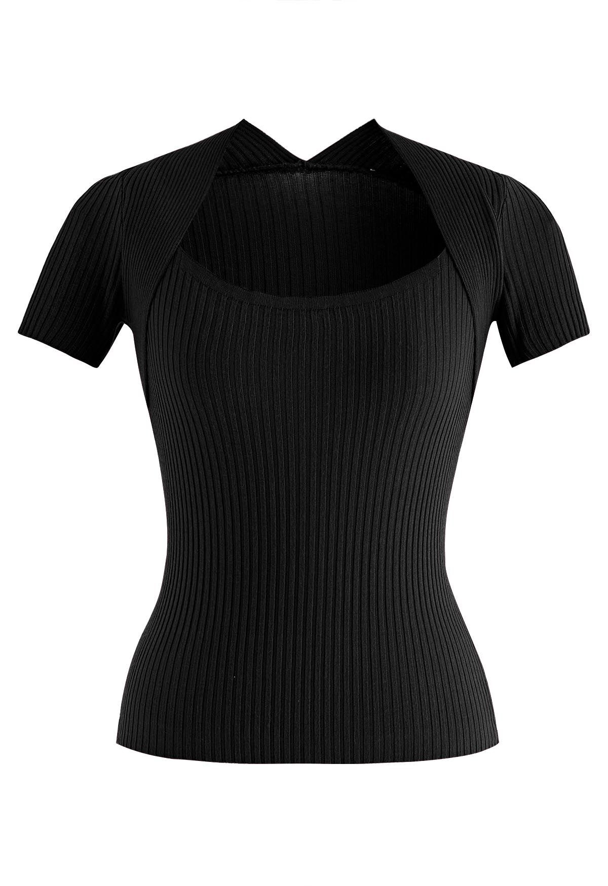 Square Neckline Ribbed Knit Top in Black | Chicwish