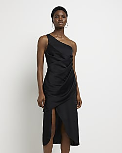 Black one shoulder satin wrap midi dress | River Island (US)
