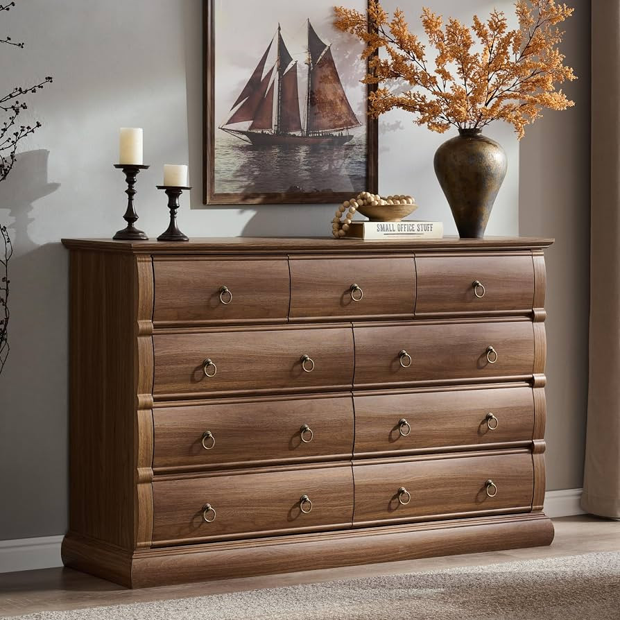 Amazon.com: ACCOHOHO 9 Drawer Dresser for Bedroom, 52" Wide Vintage Chest of Drawers with Curved Fronts & Retro Ring Pulls, Wood Storage Closet Dresser for Living Room, Hallway, Black Walnut : Home & Kitchen | Amazon (US)