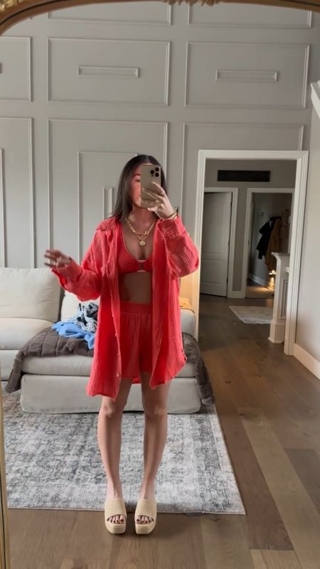 Love this mom friendly two piece and this matching red coverup set from aerie 

Swim 
Bathing suit 
Vacation outfit 
Spring outfit 
Resort wear 

#LTKSpringSale #LTKstyletip #LTKswim