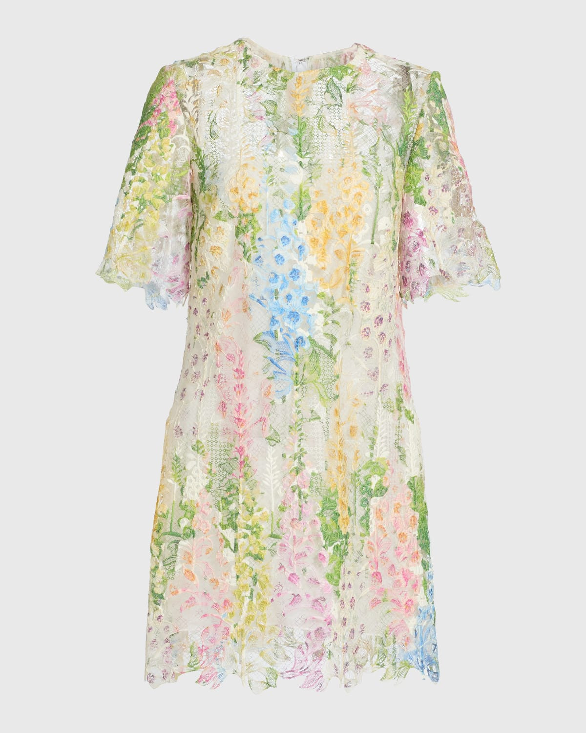 Short-Sleeve Foxglove-Print Lace Mini Dress | Neiman Marcus