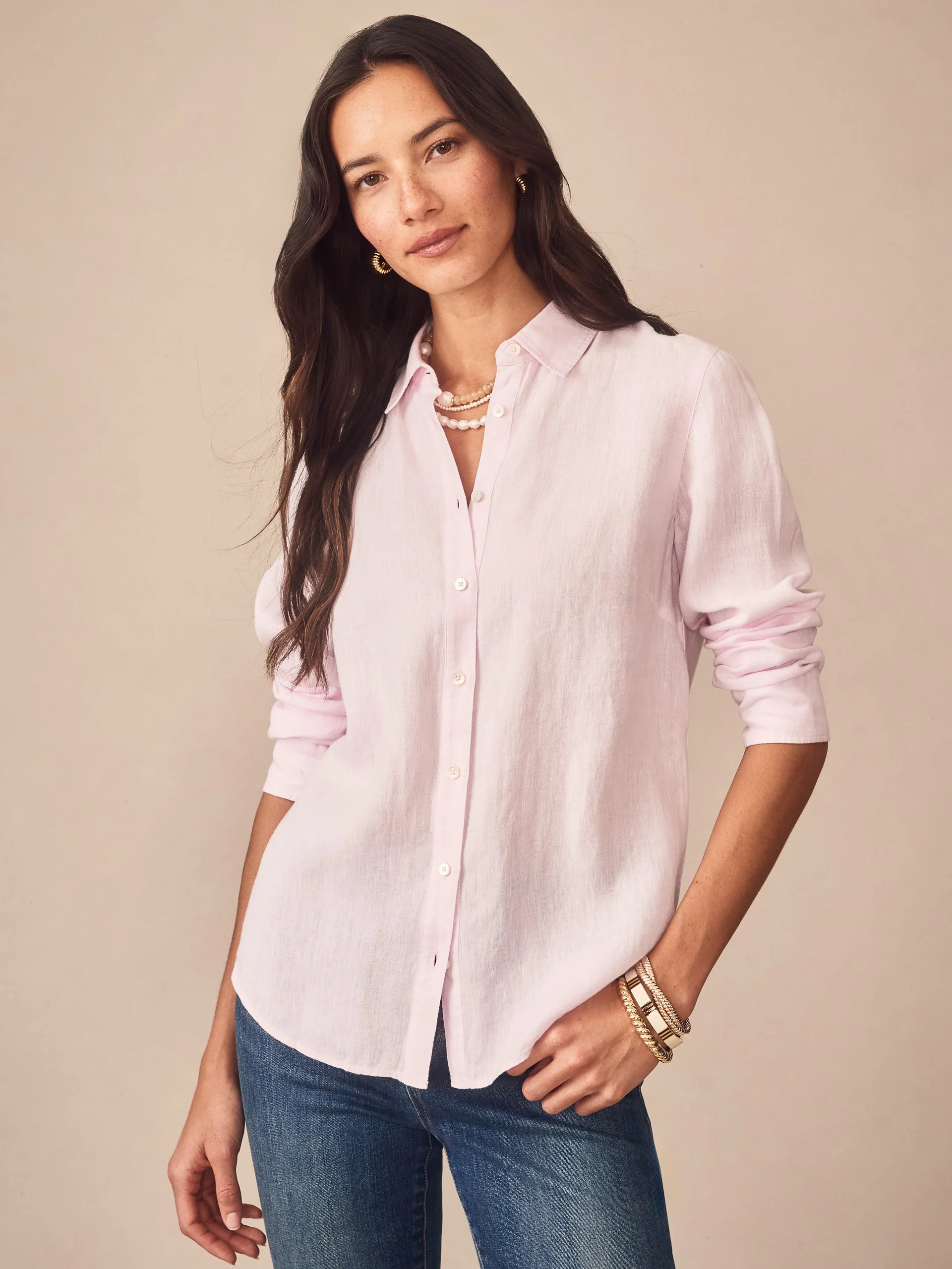 Lt_Pink Solid Britt Linen Shirt   | Women's Tops | J.McLaughlin | J.McLaughlin