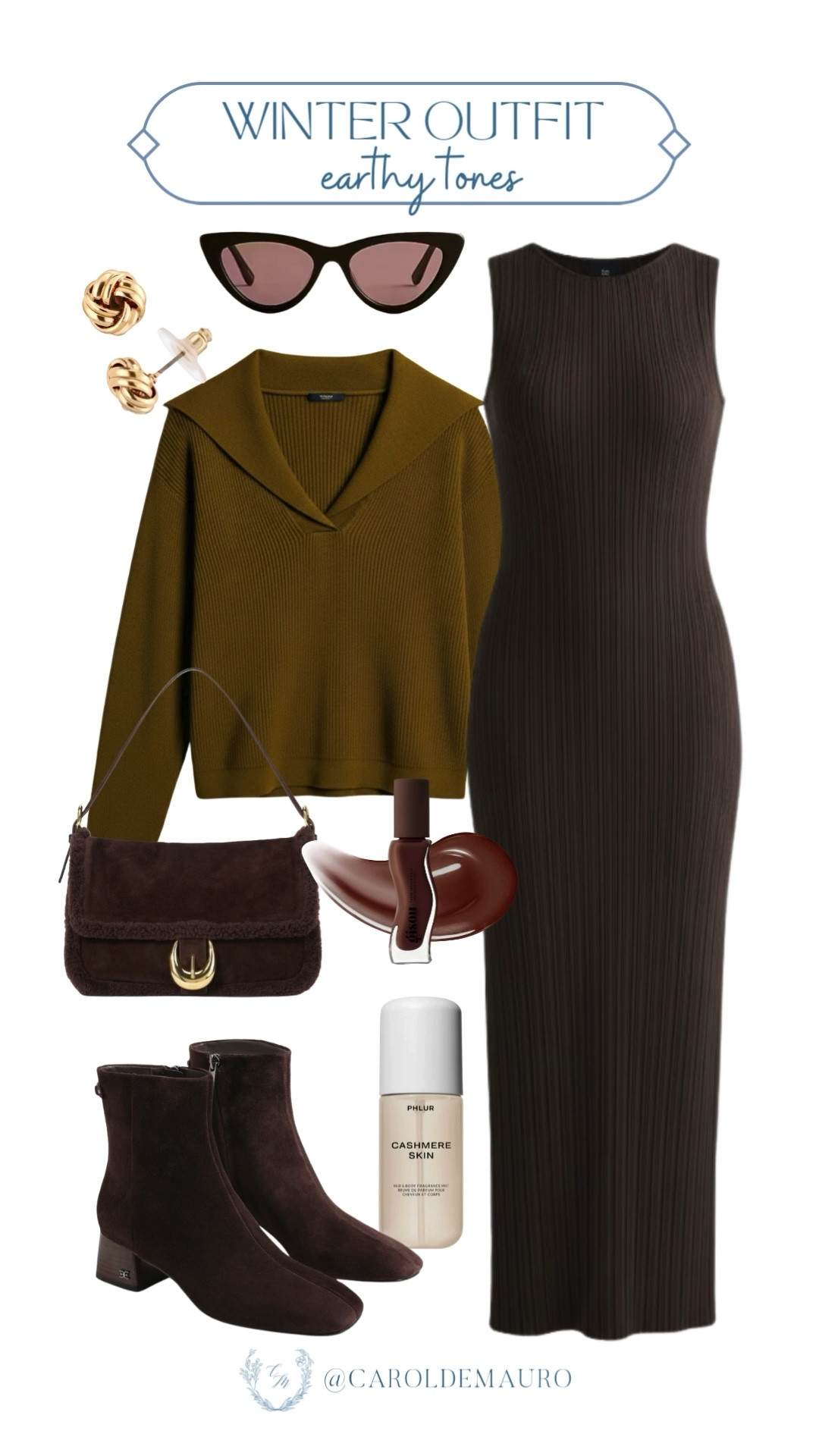 Slip into these rich, earthy tones for a perfectly casual winter look: pair the ribbed brown maxi dress with the stylish olive V-neck sweater for warmth, and complete the ensemble with suede ankle boots, a matching shoulder bag, and a touch of glam from the gold earrings!

winter outfit, monochromatic look, brown hues, minimalist style, clean girl aesthetic, trendy fashion, brunch date, city girl style

#LTKBeauty #LTKSeasonal #LTKFindsUnder100