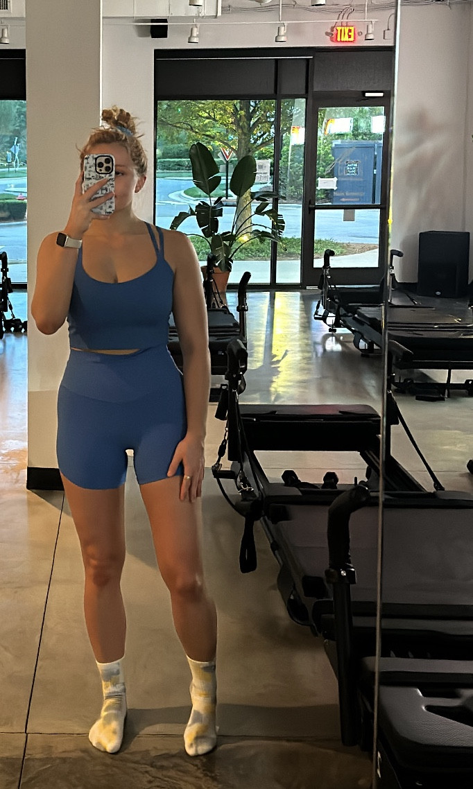 There’s just something about wearing a cute & quality workout set that’s under $50 to Pilates that gets me up in the morning 💙 

I am an Aerie LOYAL girlie. I never could afford Lululemon when I was younger, and now that I’m an adult there’s just no way I can justify paying over $100 for a pair of leggings (no matter what they say about the quality!) I have had this Aerie set since August 18, 2022 🤩 and it fits just as good and the color looks just as vibrant as it did the day I got it in almost 2 years ago! 

The key to any athletic apparel is to always, always, always hang to dry!! 

I couldn’t find the bike shorts anymore BUT I also own the matching leggings and love them just as much for Pilates! 

My Aerie Sizing:
Sports Bra = L
Bike Shorts = M

My Measurements (April) :
Height = 5’6
Bust = 36.2 in
Natural Waist = 27 in
Low Waist = 35.5
Hips = 37in 
Super low waist / hips & full booty = 38.5 in
Weight: 139.3 (on a good day 😉)
Typically Wears = M/L (US 6/8/10)

#LTKfitness #LTKfindsunder50 #LTKActive