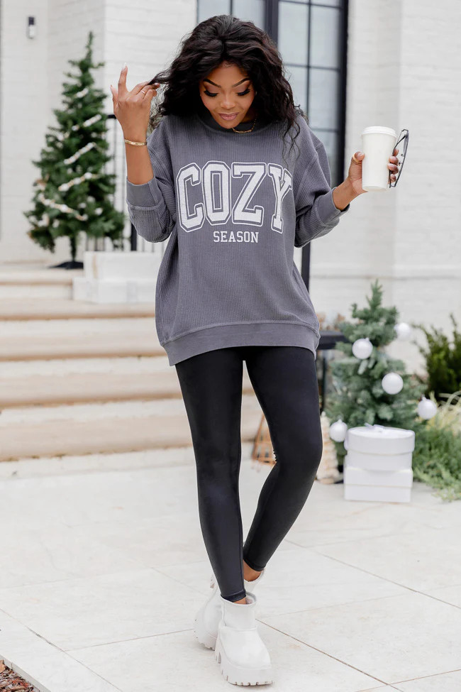 Cozy Season Charcoal Corded Graphic Sweatshirt | Pink Lily